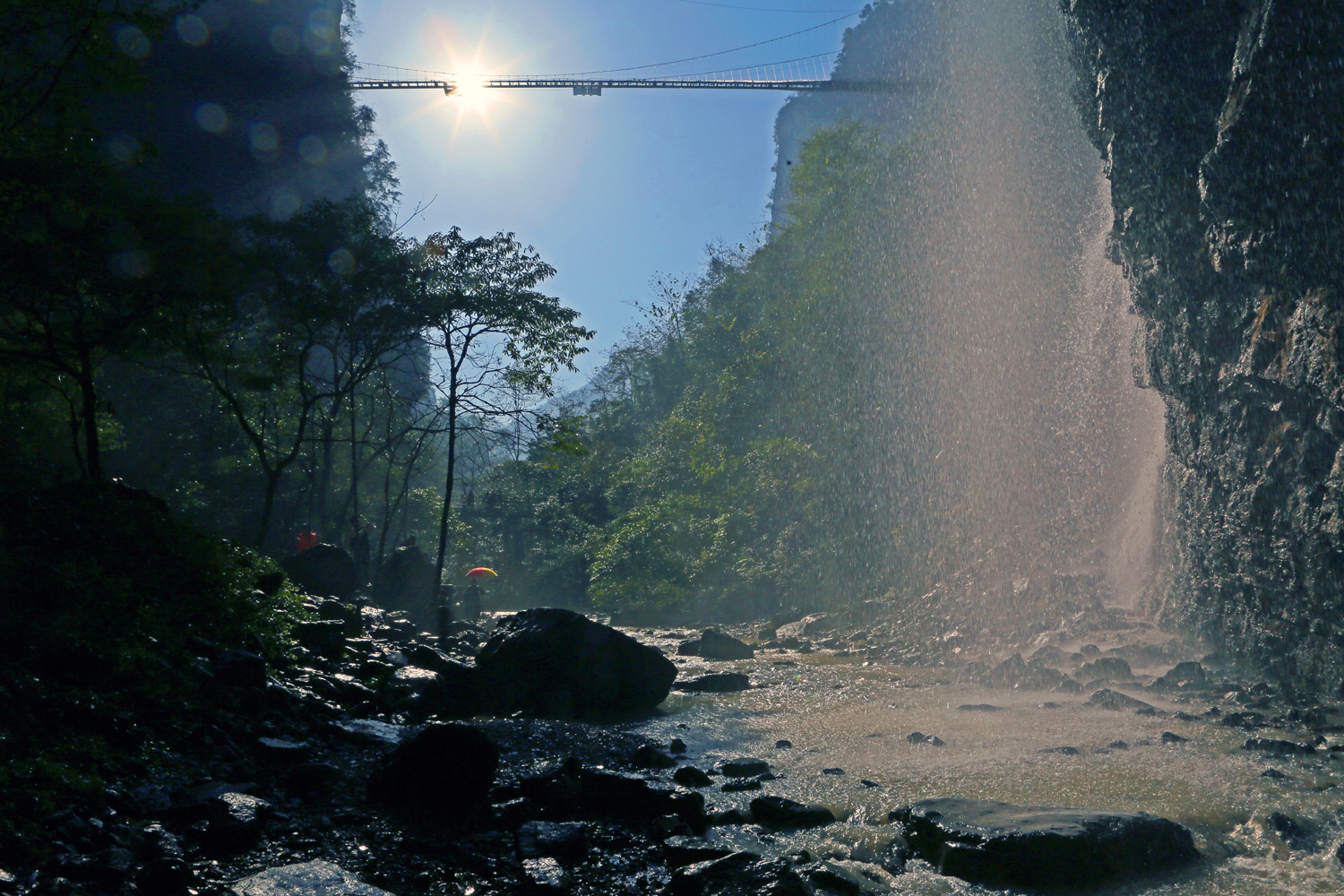峡谷桥横瀑布飞
